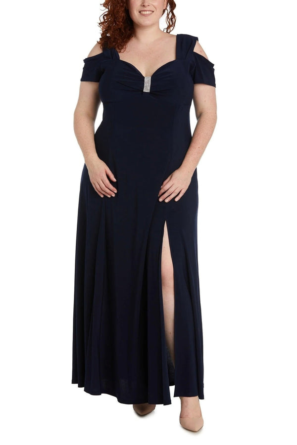 R&M Richards Rhinestone Trim Short Cold Shoulder Sleeve Thigh High Slit Sweetheart Neck Matte Jersey Gown (Plus Size)-0