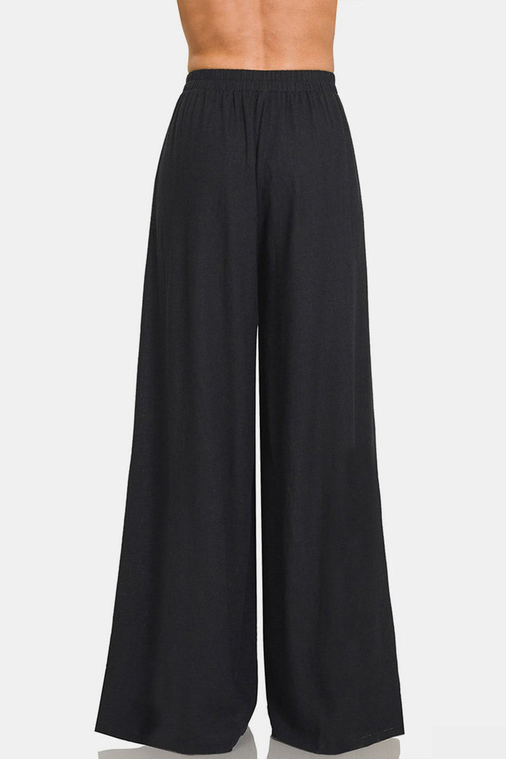 Zenana Pleated Linen Blend Wide Leg Pants-1