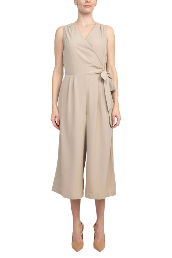 Emma & Michele V-Neck Sleeveless Tie Side Solid Pockets Crepe Jumpsuit-0