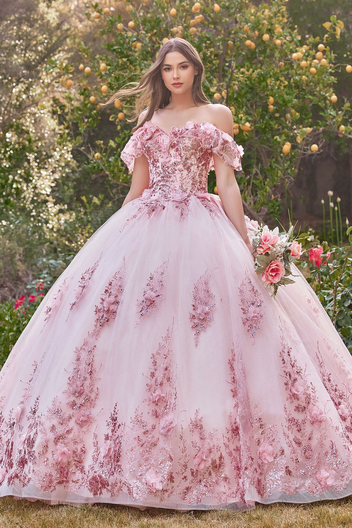 Floral Off The shoulder Laced Back Bodice Applique Long Ball & Prom Dress CD15701-2