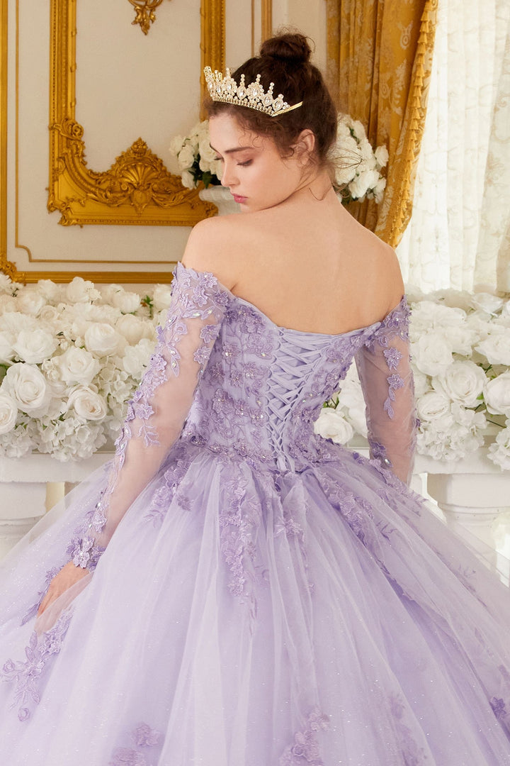 Off The Shoulder Lace Long Sleeve Ball Gown-3