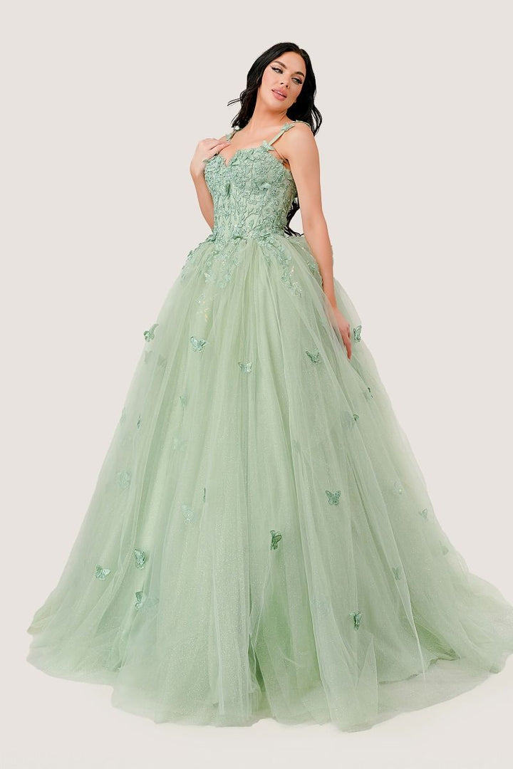 Sage Layered Tulle A-Line Sweetheart Long Ball Dress CD15718-3