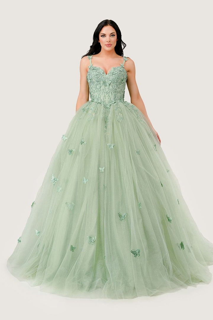 Sage Layered Tulle A-Line Sweetheart Long Ball Dress CD15718-4