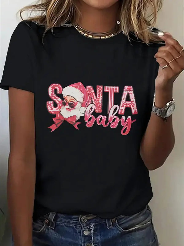 Women's Pink Christmas Cartoon Letter Print T-Shirt - Casual Crew Neck, Short Sleeve,Machine Washable