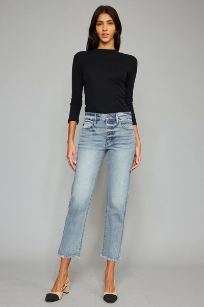 Kancan High Waist Button Fly Raw Hem Cropped Straight Jeans-1