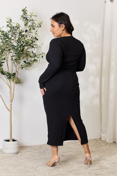Culture Code Full Size Ribbed Long Sleeve Midi Slit Dress-1