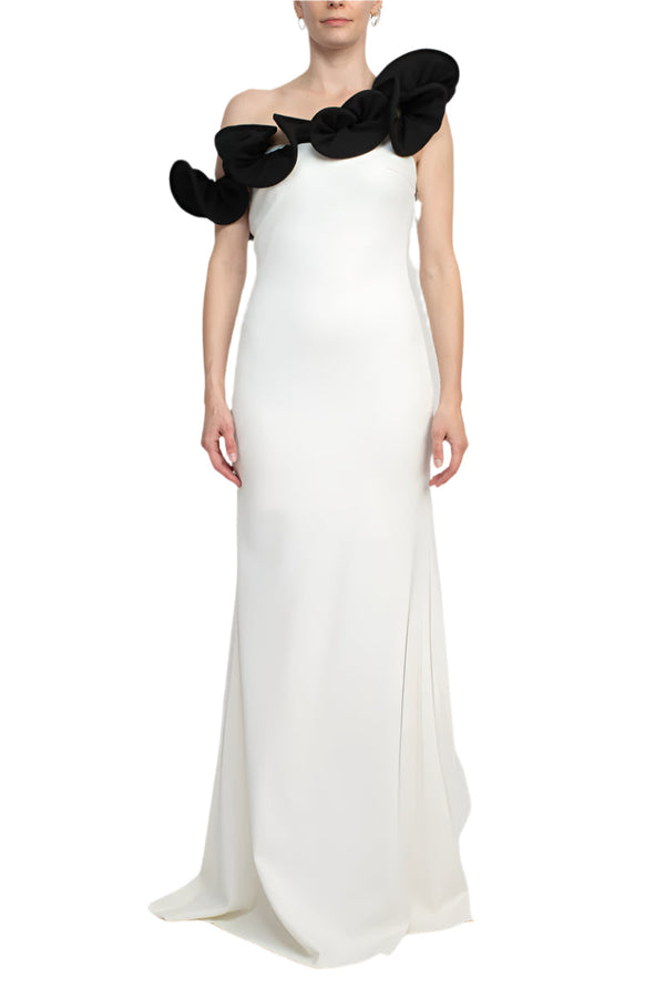 Alberto Makali One Shoulder Sleeveless Floral Shoulder Solid Scuba Gown-0