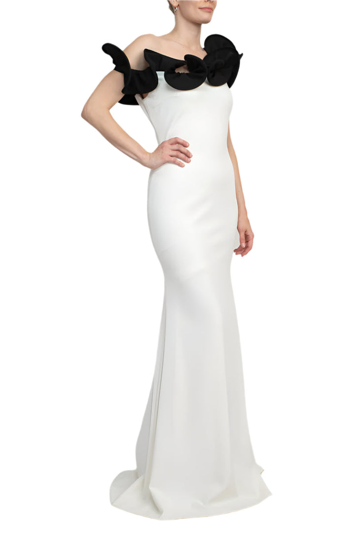 Alberto Makali One Shoulder Sleeveless Floral Shoulder Solid Scuba Gown-1