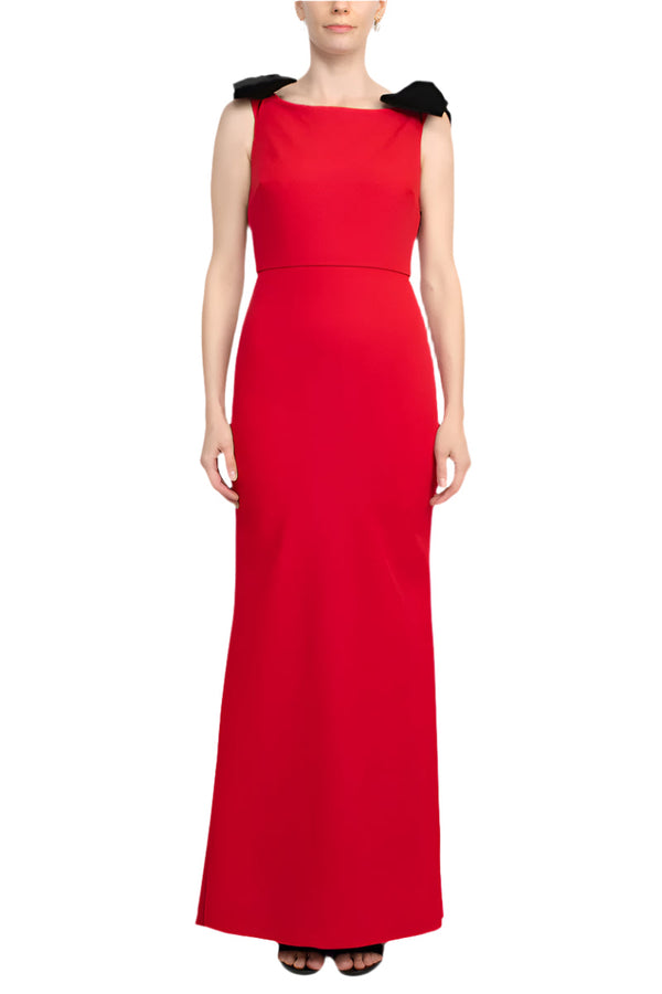 Alberto Makali Boat Neck Sleeveless Bow Shoulder Detail Zipper Back Solid Mermaid Scuba Gown-0