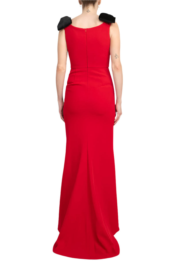 Alberto Makali Boat Neck Sleeveless Bow Shoulder Detail Zipper Back Solid Mermaid Scuba Gown-2