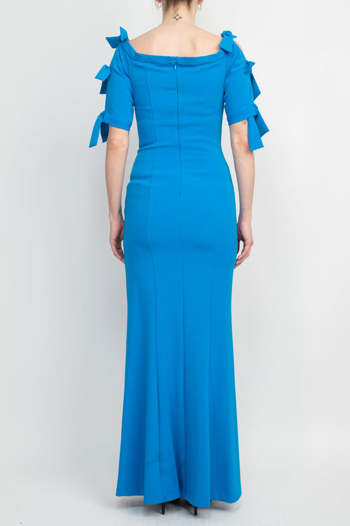 Alberto Makali Square Neck Bow Shoulder Detail Short Sleeve Bodycon Zipper Back Slit Side Solid Scuba Gown-2
