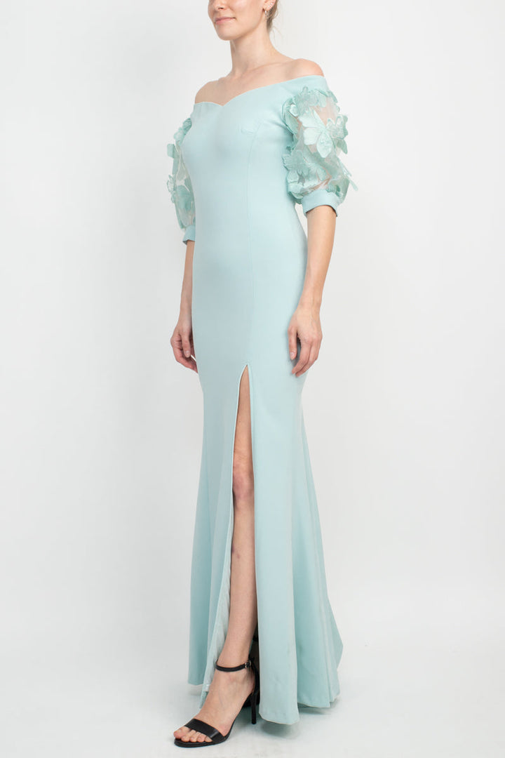 Alberto Makali V-Neck Short Embellished Lace Sleeve Zipper Back Bodycon Slit Side Scuba Dress-4