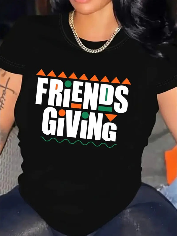 Friends Giving Print Short Sleeve T-Shirt For Women - Casual Polyester Knit Fabric, Round Neck, Regular Fit, All-Season H-Shaped Pullover With Alphabet Pattern Design