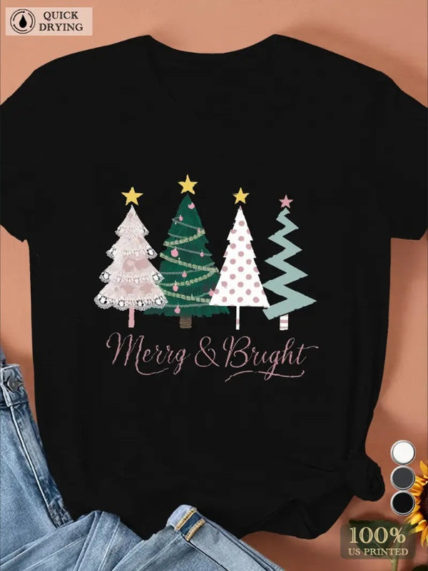Stylized Christmas Trees Illustration Women's Plus Size Sports Short Sleeve T-Shirt