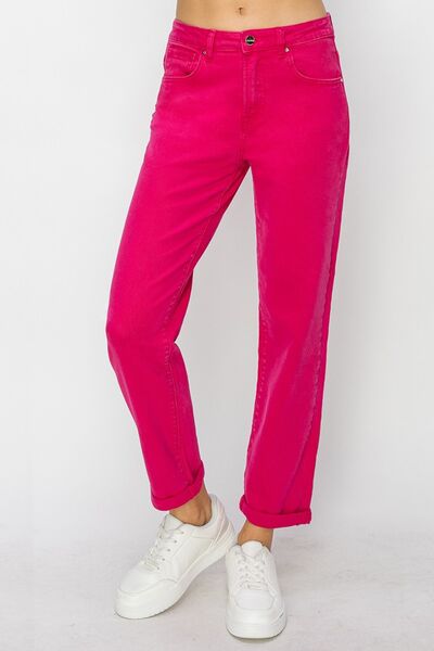 RISEN High Waist Rolled Hem Straight Jeans-2