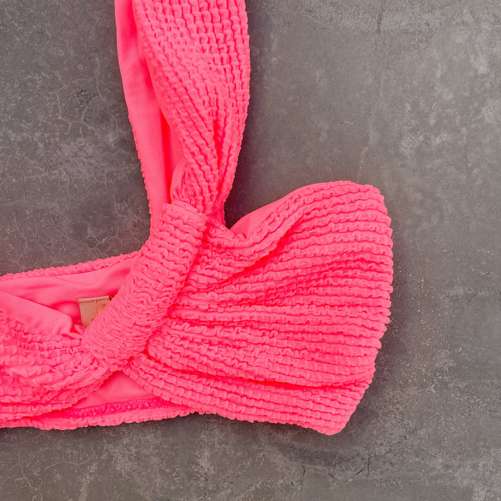 Neon Pink Flamingo Textured Greek Bikini Top-1