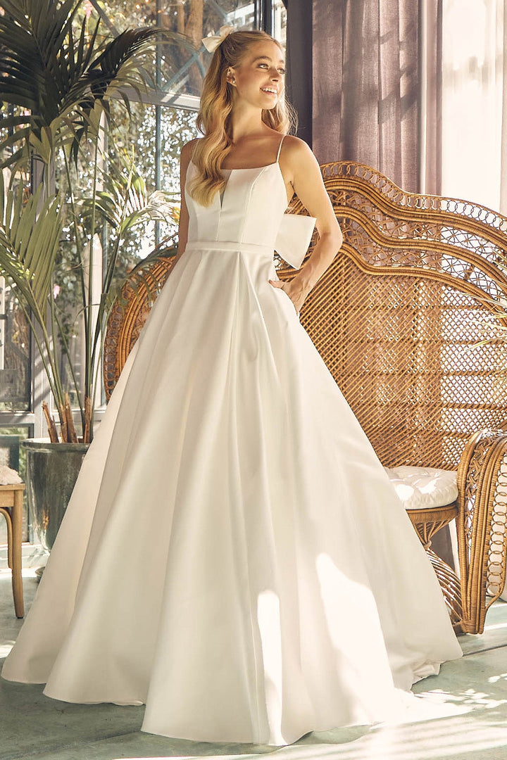 Illusion Straight Across A-Line Satin Spaghetti Straps Long Wedding Dress NXJE968-0