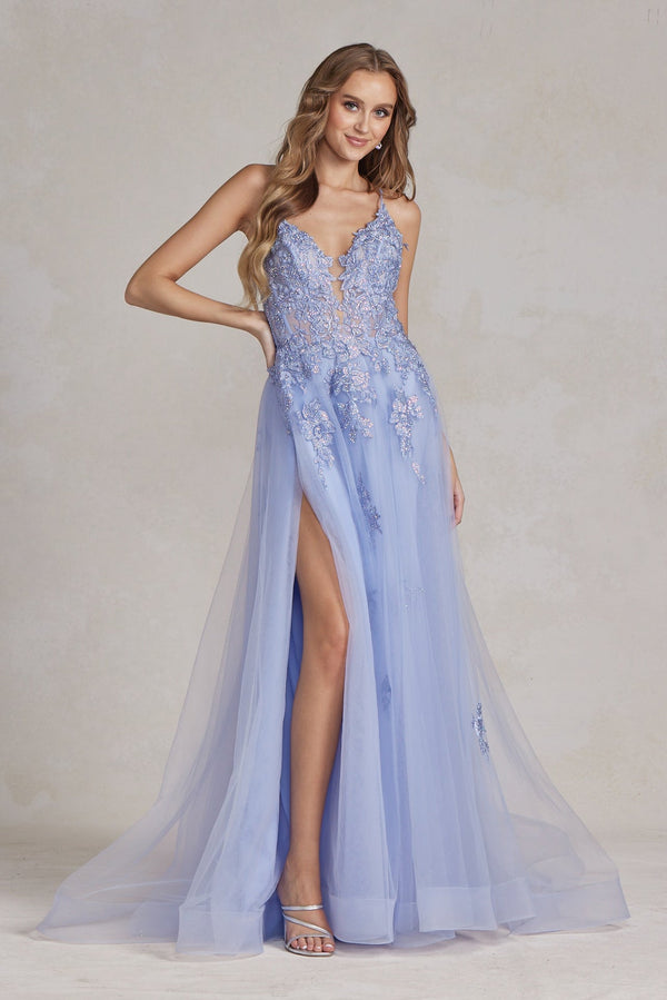 A-Line Tulle Skirt Embroidered Lace Long Prom Dress NXG1149-0