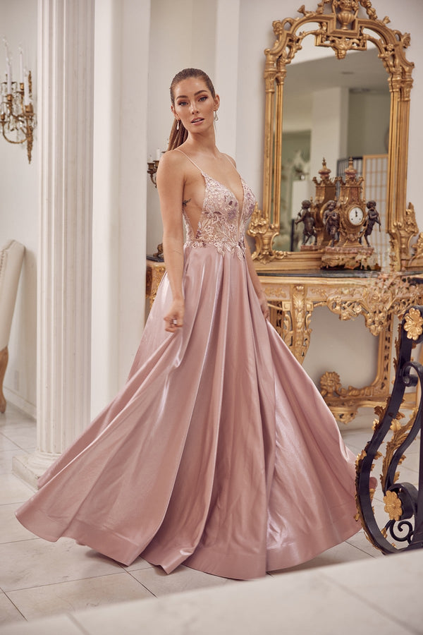 Glitter Embroidered Bodice A-Line Long Prom Dress NXE1004-0