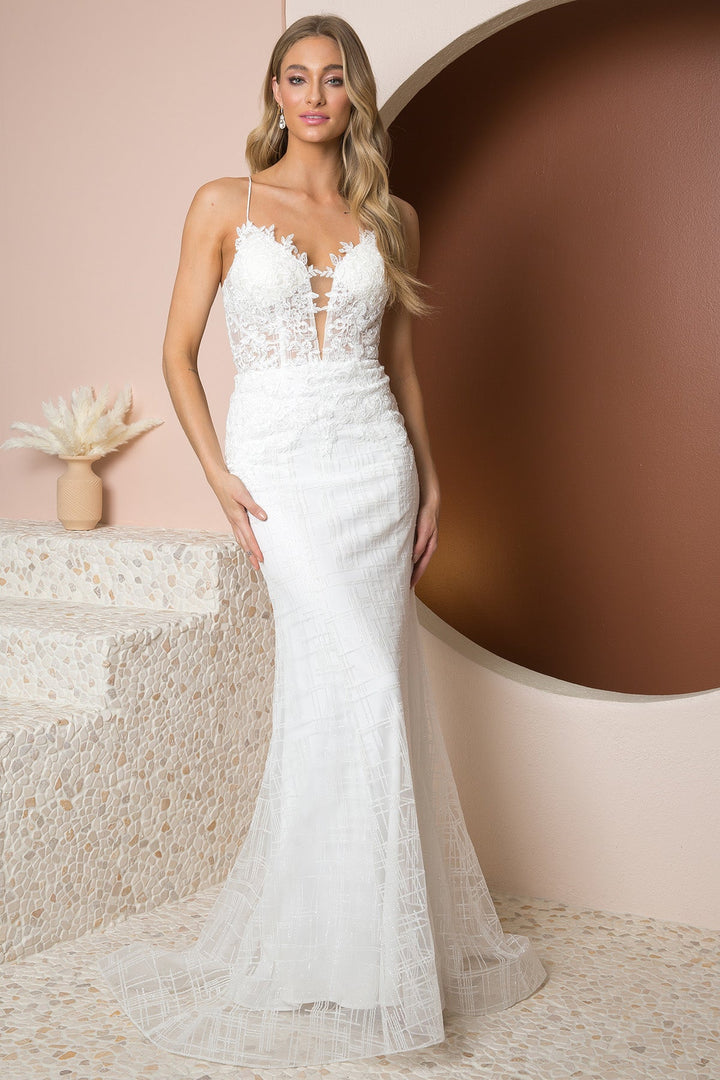 Glittery Deep V-Neck Bodice Trumpet Skirt Long Wedding Dress NXR282-1W-0