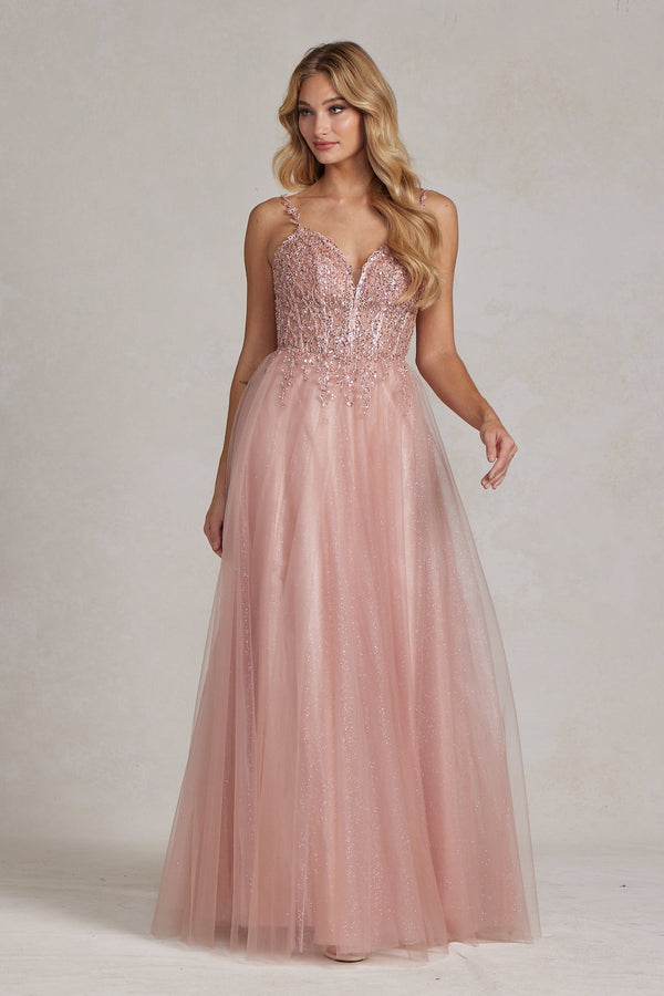 Embroidered Beads Tulle Skirt Open Back Long Prom Dress NXF1086-0