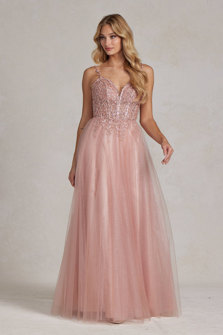 Embroidered Beads Tulle Skirt Open Back Long Prom Dress NXF1086-0