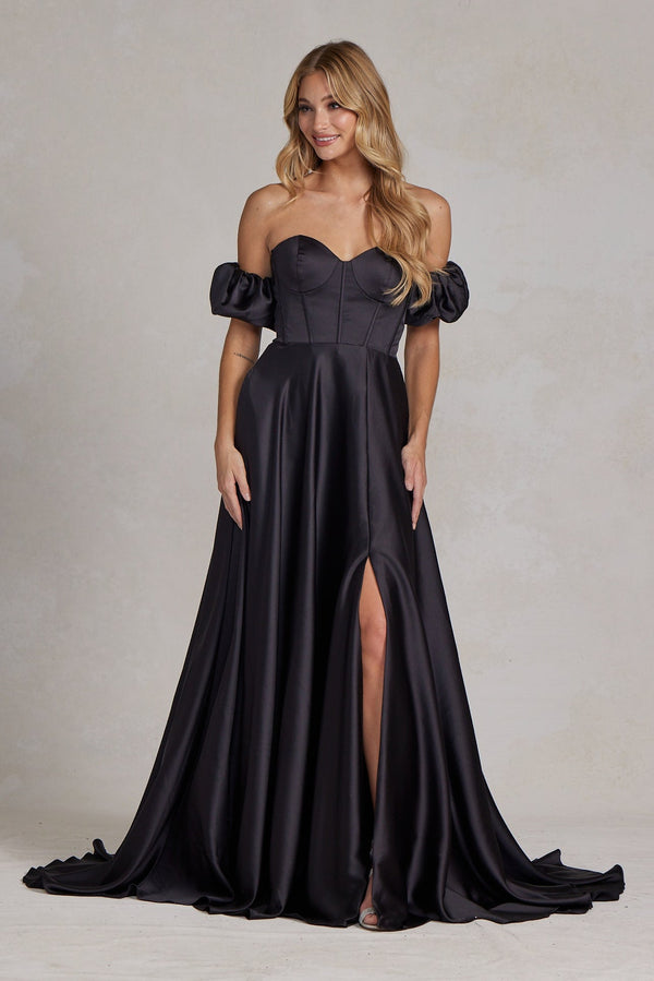Off Shoulder Sweetheart Satin Side Slit Long Prom Dress NXK1122-0