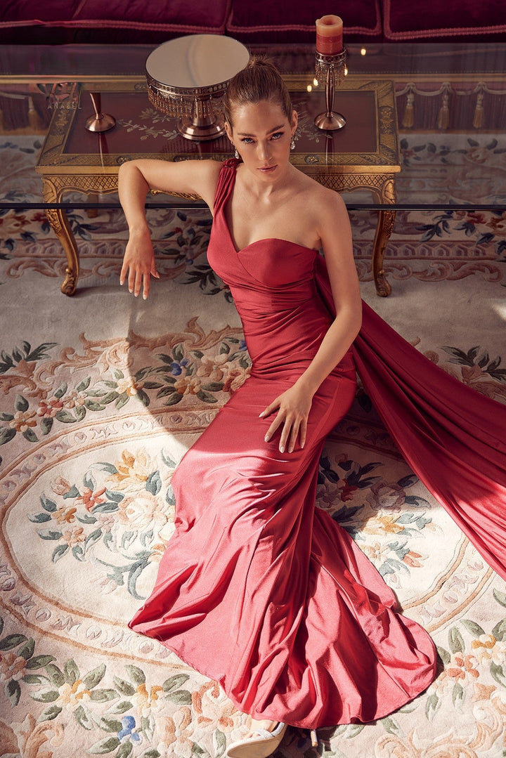 Party Cocktail One Shoulder Drape Sleeve Mermaid Long Evening Dress-0