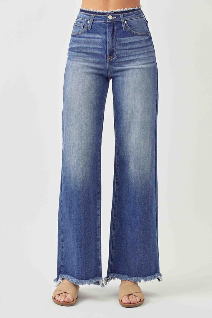 RISEN High Waist Raw Hem Wide Leg Jeans-3