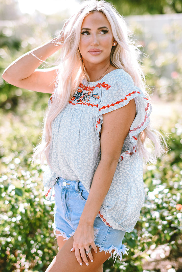Angie Boho Embroidered Floral Print Flutter Sleeve Blouse-3
