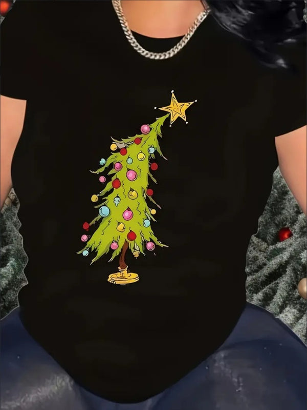 Plus Size Christmas Tree Graphic T-Shirt For Women -Crew Neck, Short Sleeve, Medium  Casual Pullover Top