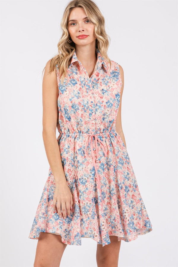 GeeGee Full Size Floral Eyelet Sleeveless Mini Dress-0