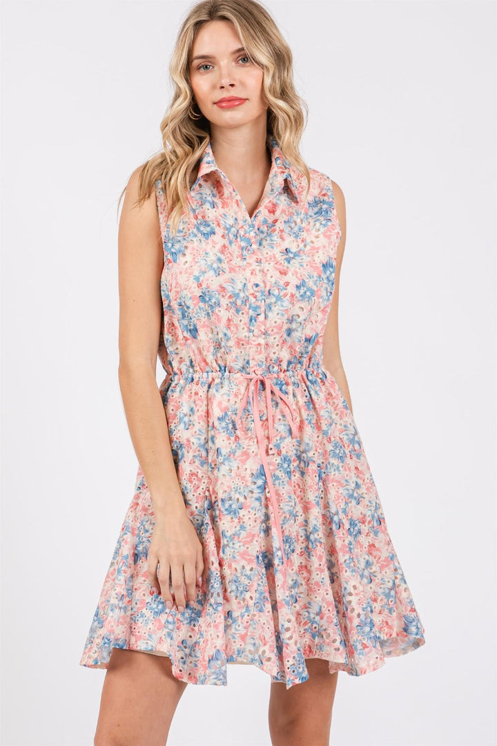 GeeGee Full Size Floral Eyelet Sleeveless Mini Dress-0