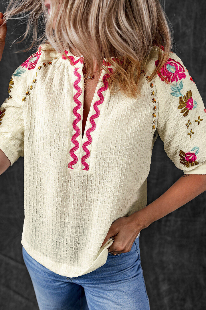 August Floral Embroidered Puff Sleeve Blouse-3