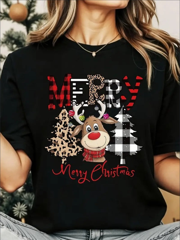 Women's Merry Reindeer Christmas T-Shirt - Casual Crew Neck, Short Sleeve,  Regular Fit - Perfect For All Seasons