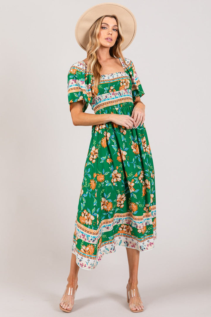 SAGE + FIG Printed Smocked Short Sleeve Midi Dress-2