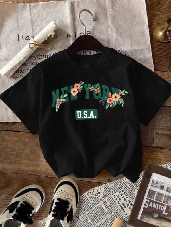 Alphabets Graphic Print Creative T-Shirts, Soft & Elastic Comfy Crew Neck Short Sleeve Tee, Kid's Summer Tops