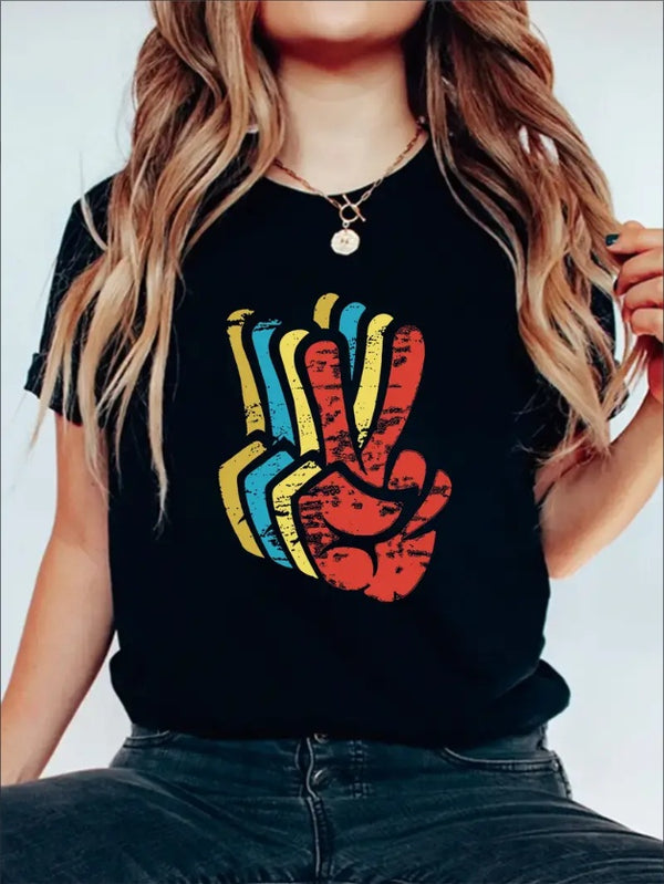 Finger Graphic Print Solid T-Shirt, Crew Neck Short Sleeve Casual Top For Summer & Spring, Women's Clothing