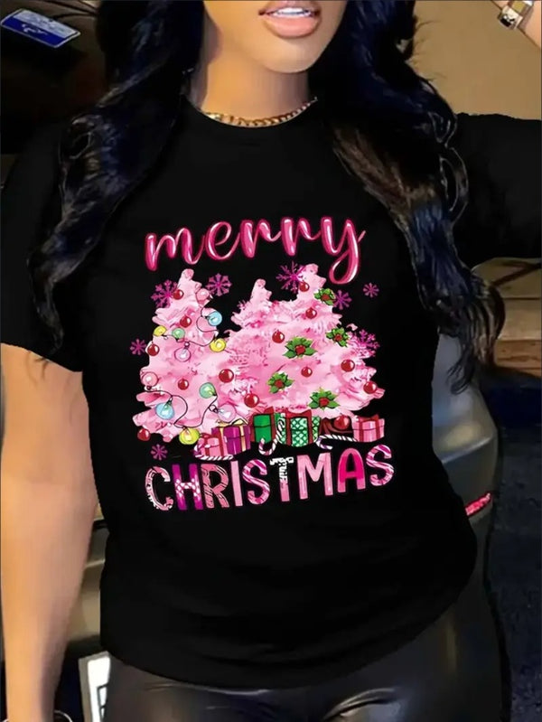 Plus Size Christmas Tree Print T-Shirt For Women, Casual Crew Neck Short Sleeve Tee