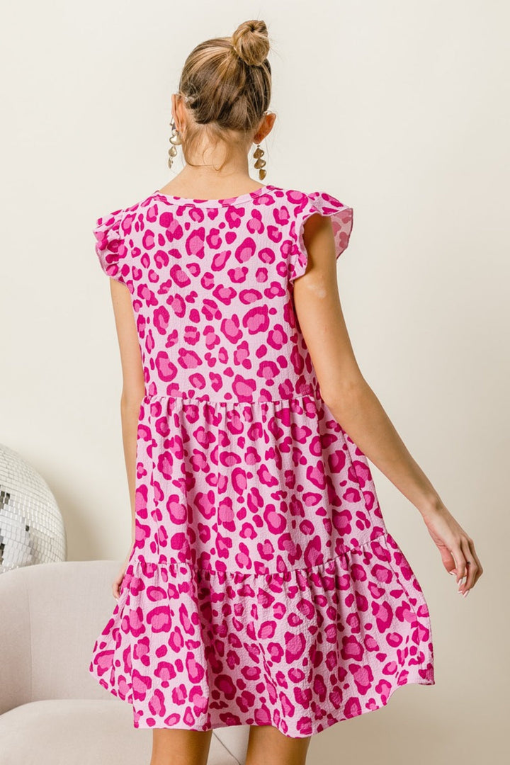 BiBi Leopard Cap Sleeve Tiered Mini Dress-1