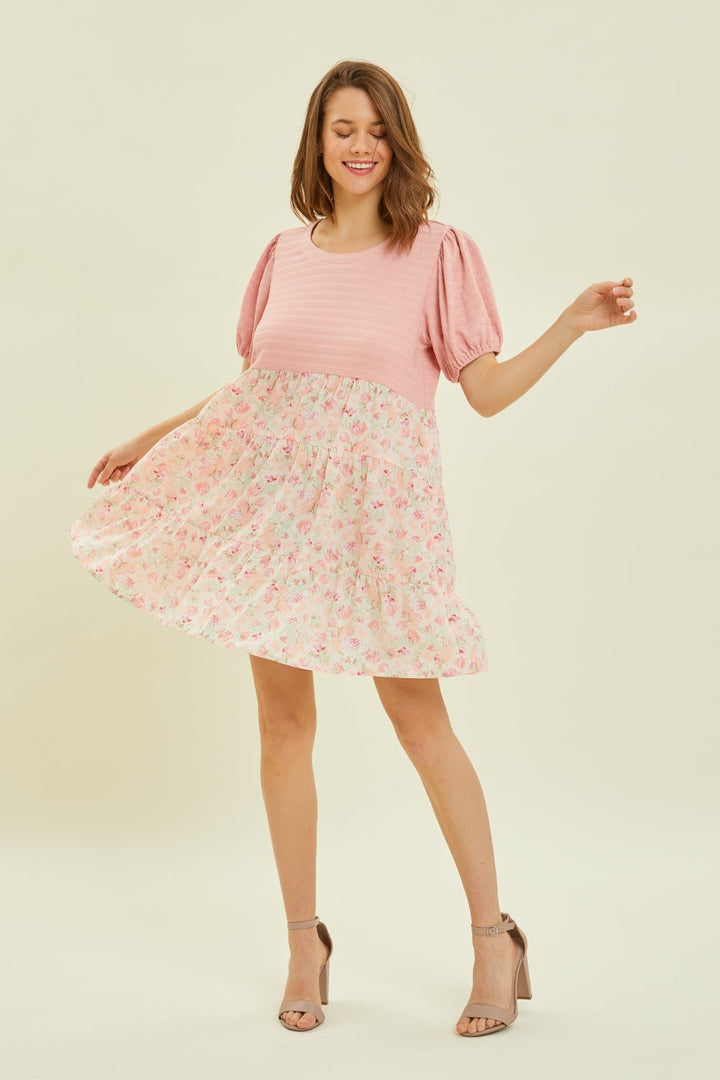 HEYSON Full Size Round Neck Floral Ruffle Hem Mini Dress-3