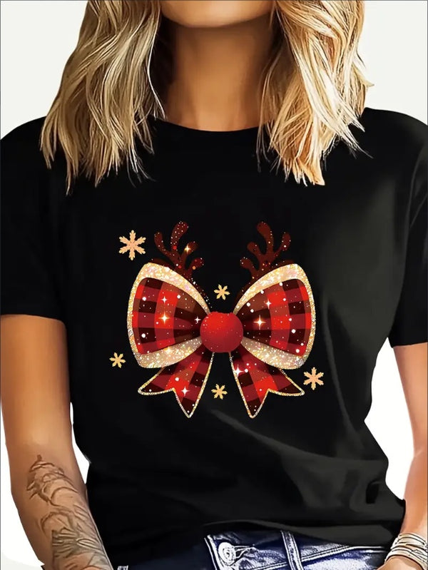 Christmas Bow Printed Short Sleeved Round Neck T-shirt, Women's Top, Casual Fit, Suitable For All Seasons, Ready To Wear