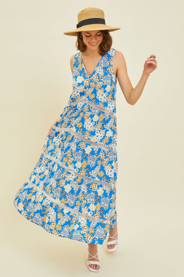 HEYSON Full Size Printed Crochet Trim Maxi Dress-0