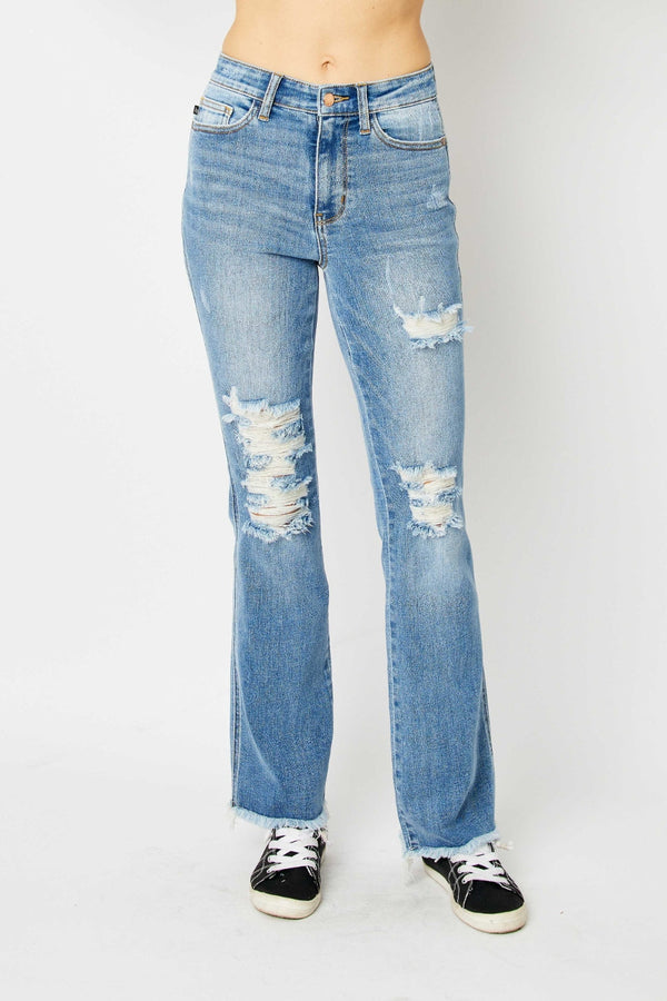 Judy Blue Full Size Distressed Raw Hem Bootcut Jeans-0