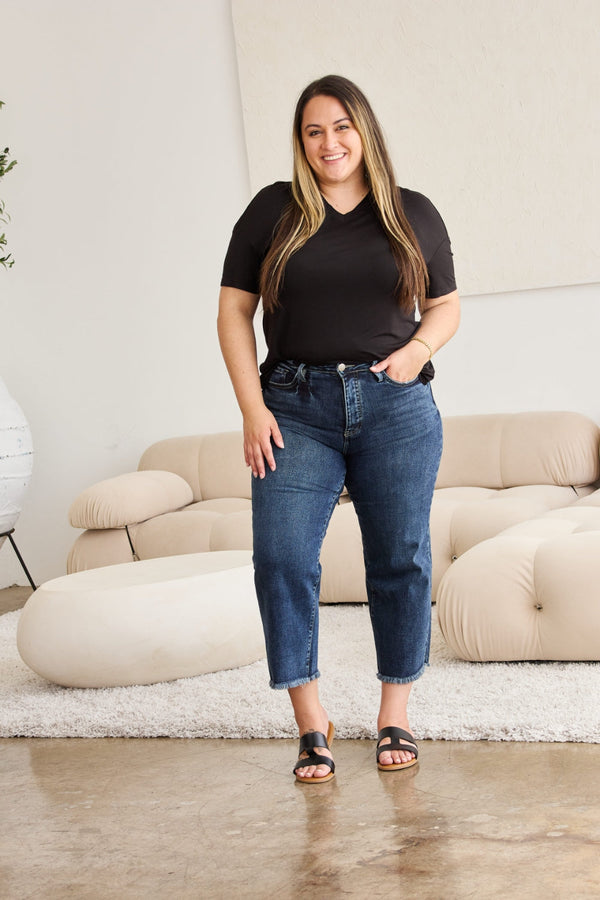 RFM Full Size Tummy Control High Waist Raw Hem Jeans-0
