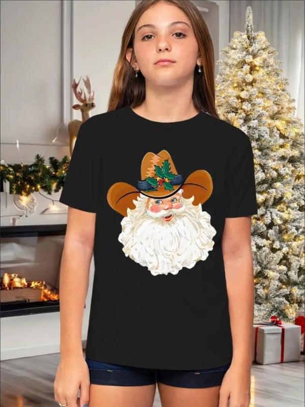 Girls' Festive Santa Claus Cartoon Print T-Shirt - Casual Crew Neck,  Machine Washable - Perfect For Summer & Christmas