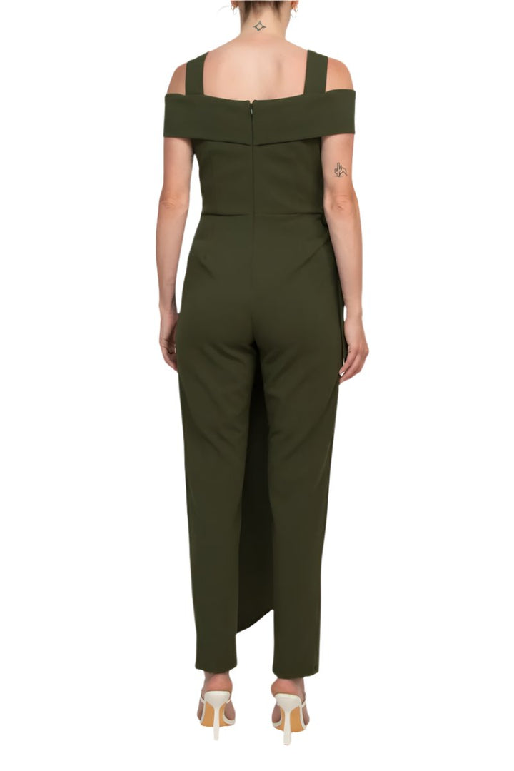 Marina Square Neck Off Shoulder Tie Side Zipper Back Faux Sarong Overlay Crepe Jumpsuit-1