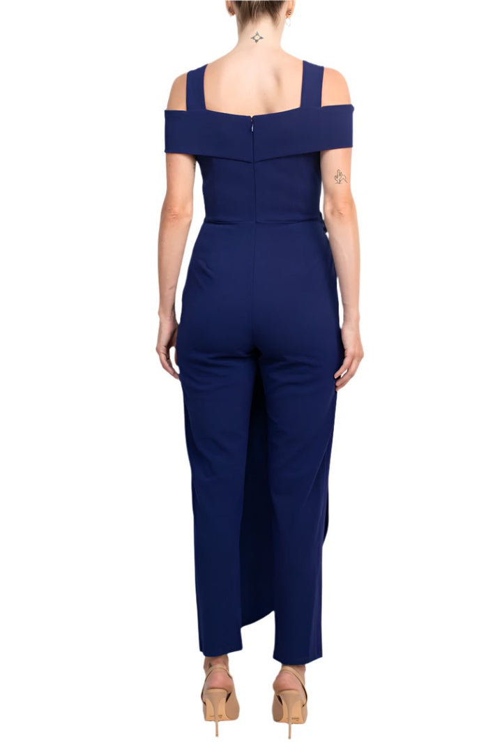 Marina Square Neck Off Shoulder Tie Side Zipper Back Faux Sarong Overlay Crepe Jumpsuit-3