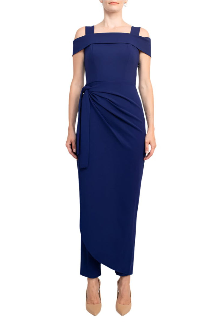 Marina Square Neck Off Shoulder Tie Side Zipper Back Faux Sarong Overlay Crepe Jumpsuit-2