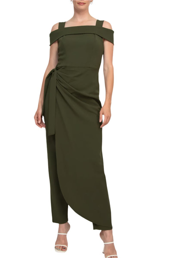 Marina Square Neck Off Shoulder Tie Side Zipper Back Faux Sarong Overlay Crepe Jumpsuit-0